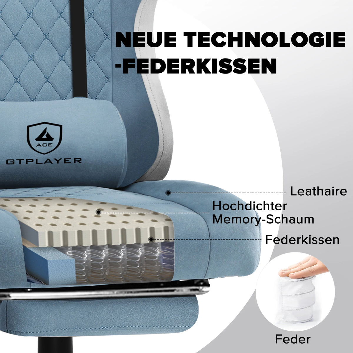 GTPLAYER Gaming Stuhl, ergonomischer Gaming-Sessel, Schreibtischstuhl mit Stoffoberfläche, Federsitzkissen, Verbindungsarmlehnen