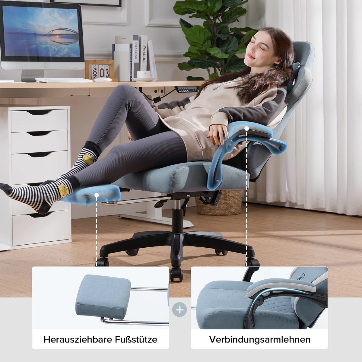 GTPLAYER Gaming Stuhl, ergonomischer Gaming-Sessel, Schreibtischstuhl mit Stoffoberfläche, Federsitzkissen, Verbindungsarmlehnen