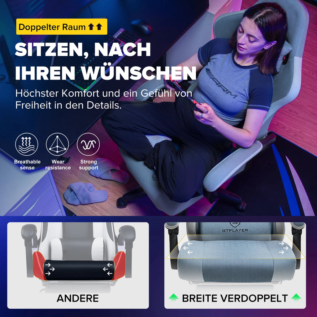 GTPLAYER Gaming Stuhl, ergonomischer Gaming-Sessel, Schreibtischstuhl mit Stoffoberfläche, Federsitzkissen, Verbindungsarmlehnen