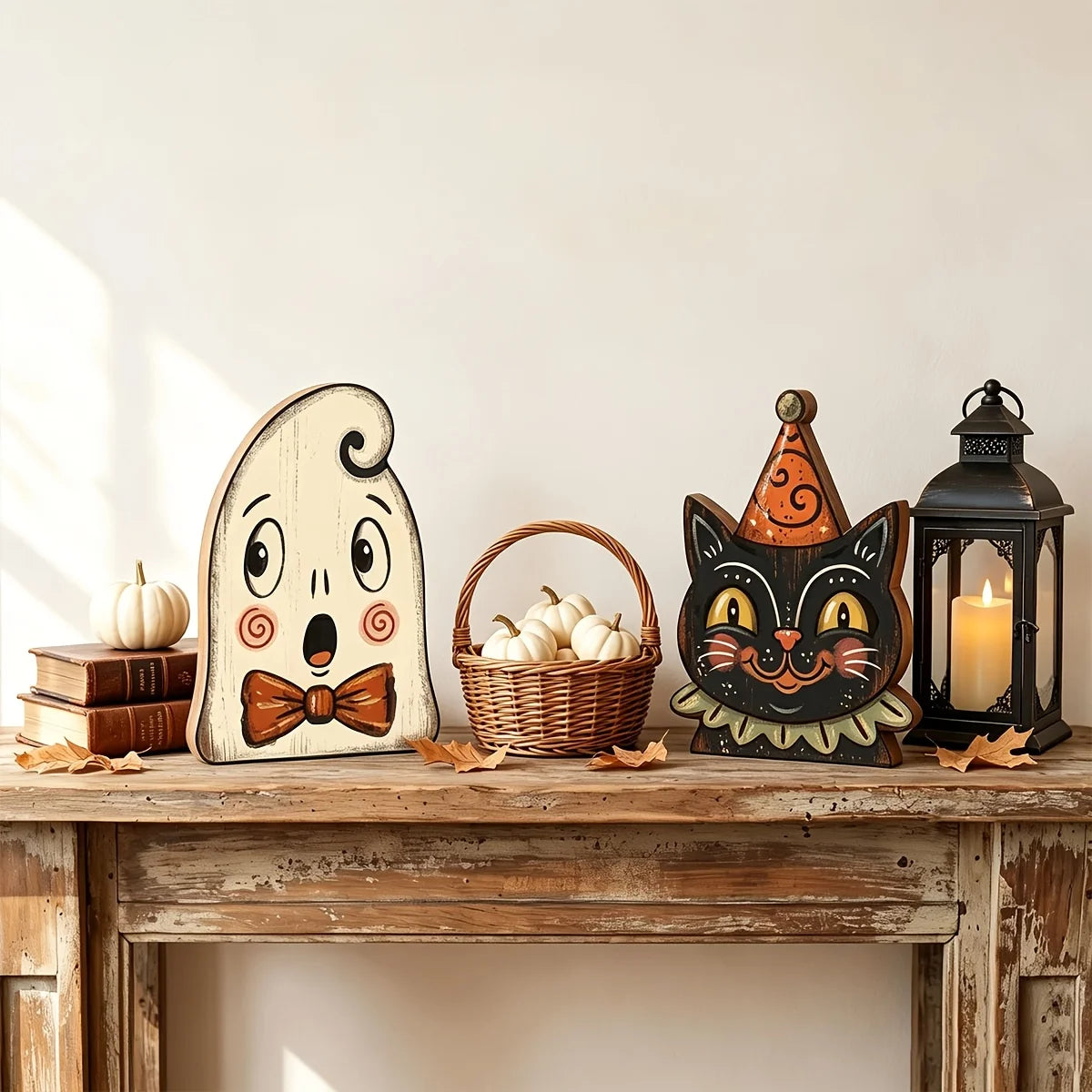 Décoration d'Halloween intérieure, bloc en bois rétro pour décoration d'étagère, mignon fantôme, citrouille, chat noir, squelette, hibou sorcière, cadeau de pendaison de crémaillère