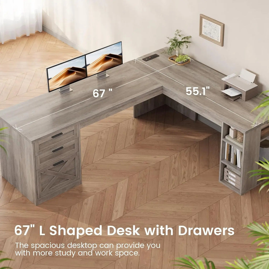 67" L-förmiger Schreibtisch im Landhausstil mit 3 Schubladen, Chefschreibtisch, Home Office Schreibtisch mit Ablagefächern, Eck-Computertisch, kundenspezifisch