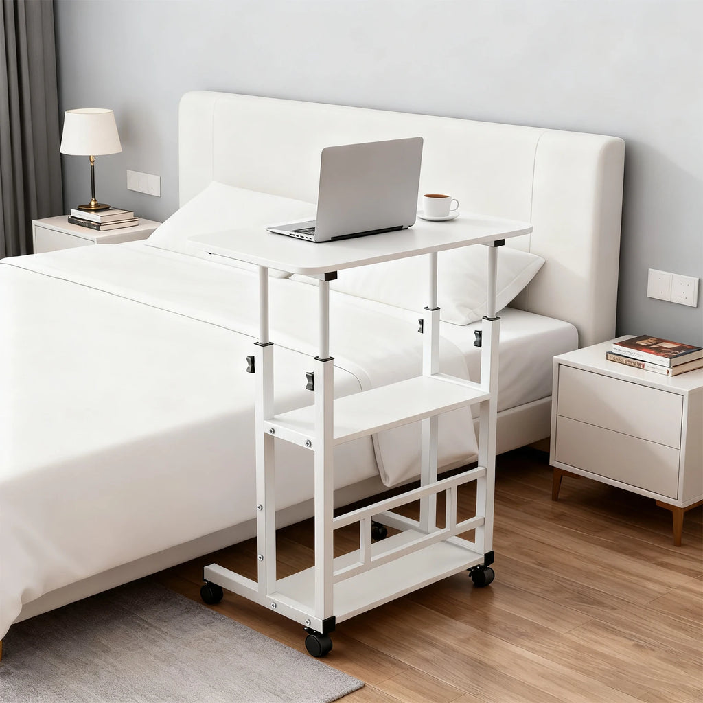 Beistelltisch, höhenverstellbarer Computertisch mit Rollen, 3 Ablagen, Stehpult für Schlafzimmer, Wohnzimmer, 60x40x90cm