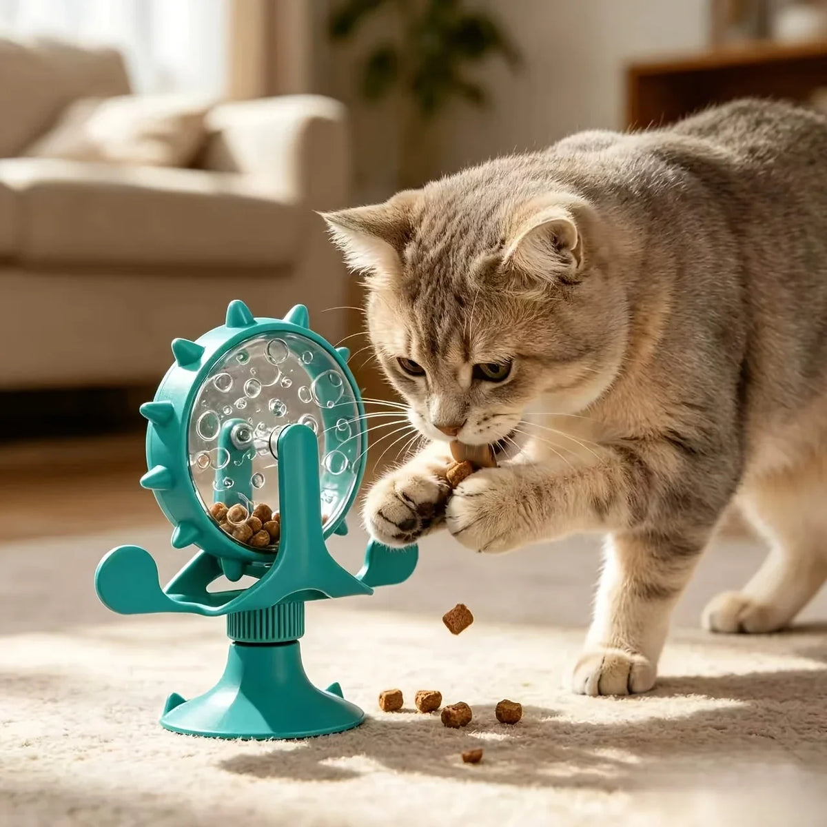 Interaktives Haustier-Puzzlespielzeug mit starkem Saugnapf, drehbarem Futterspender, Langeweile vertreibendes Kauspielzeug für Welpen und Katzen