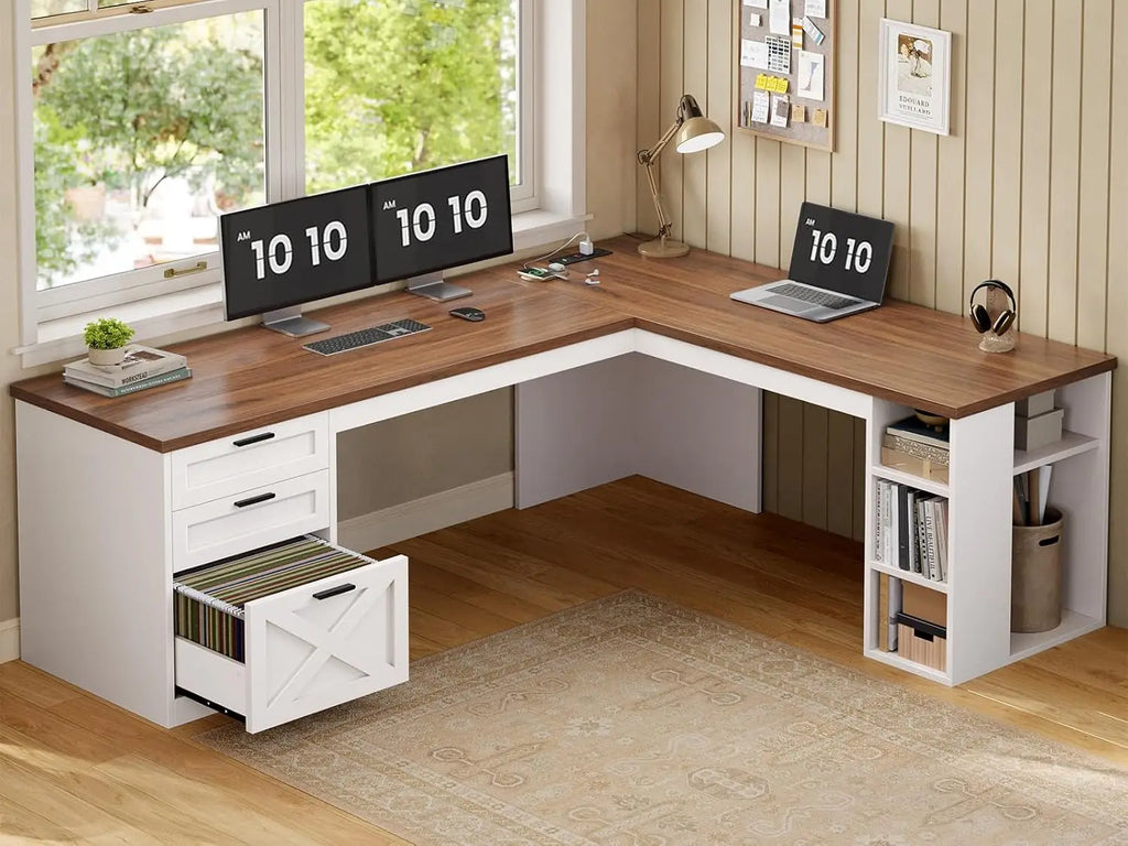 67" L-förmiger Schreibtisch im Landhausstil mit 3 Schubladen, Chefschreibtisch, Home Office Schreibtisch mit Ablagefächern, Eck-Computertisch, kundenspezifisch