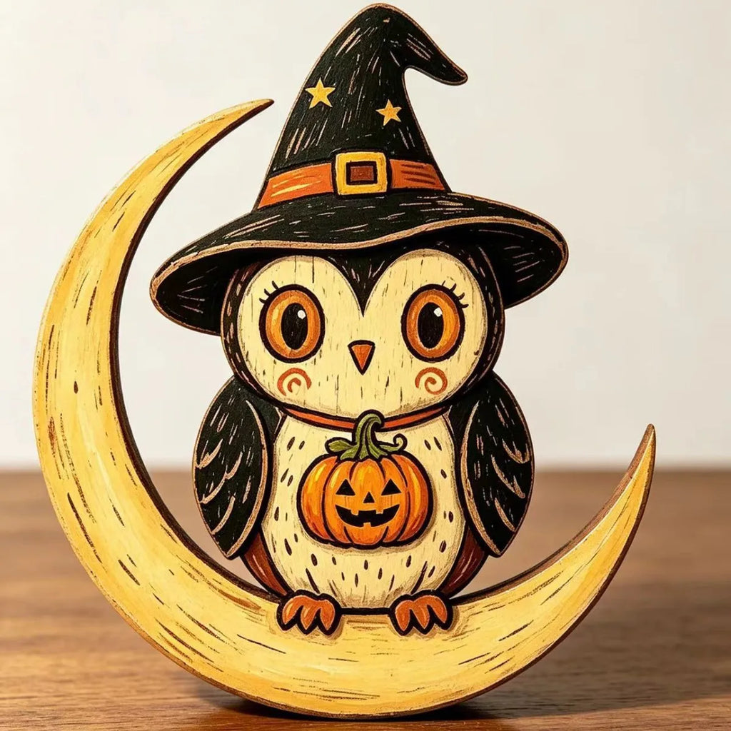 Décorations d'Halloween en bois à poser, figurines de hibou fantôme citrouille et chat vampire peintes à la main pour étagère, cheminée ou fête