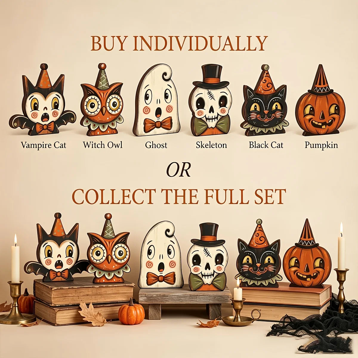Décoration d'Halloween intérieure, bloc en bois rétro pour décoration d'étagère, mignon fantôme, citrouille, chat noir, squelette, hibou sorcière, cadeau de pendaison de crémaillère
