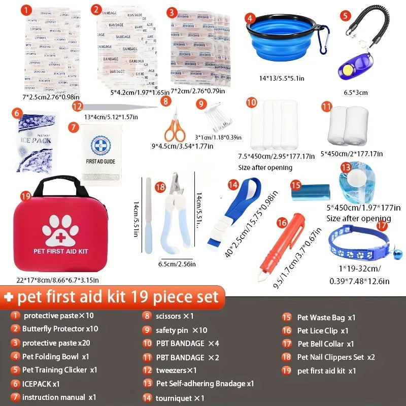 Erste-Hilfe-Set für Haustiere: Enthält Notfallvorräte und eine Notfalldecke, geeignet für Wanderungen, Camping und Rucksacktouren.