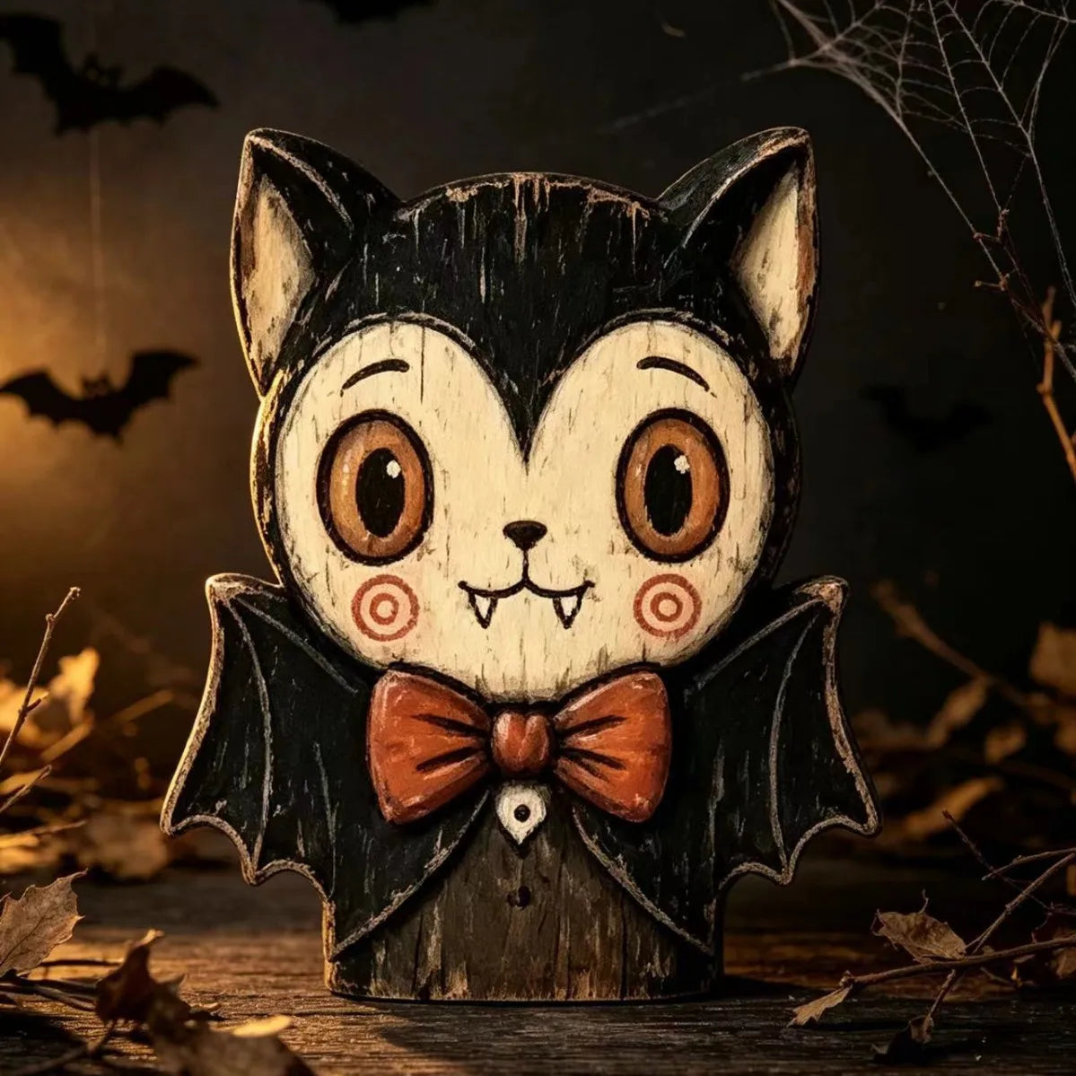 Décorations d'Halloween en bois à poser, figurines de hibou fantôme citrouille et chat vampire peintes à la main pour étagère, cheminée ou fête