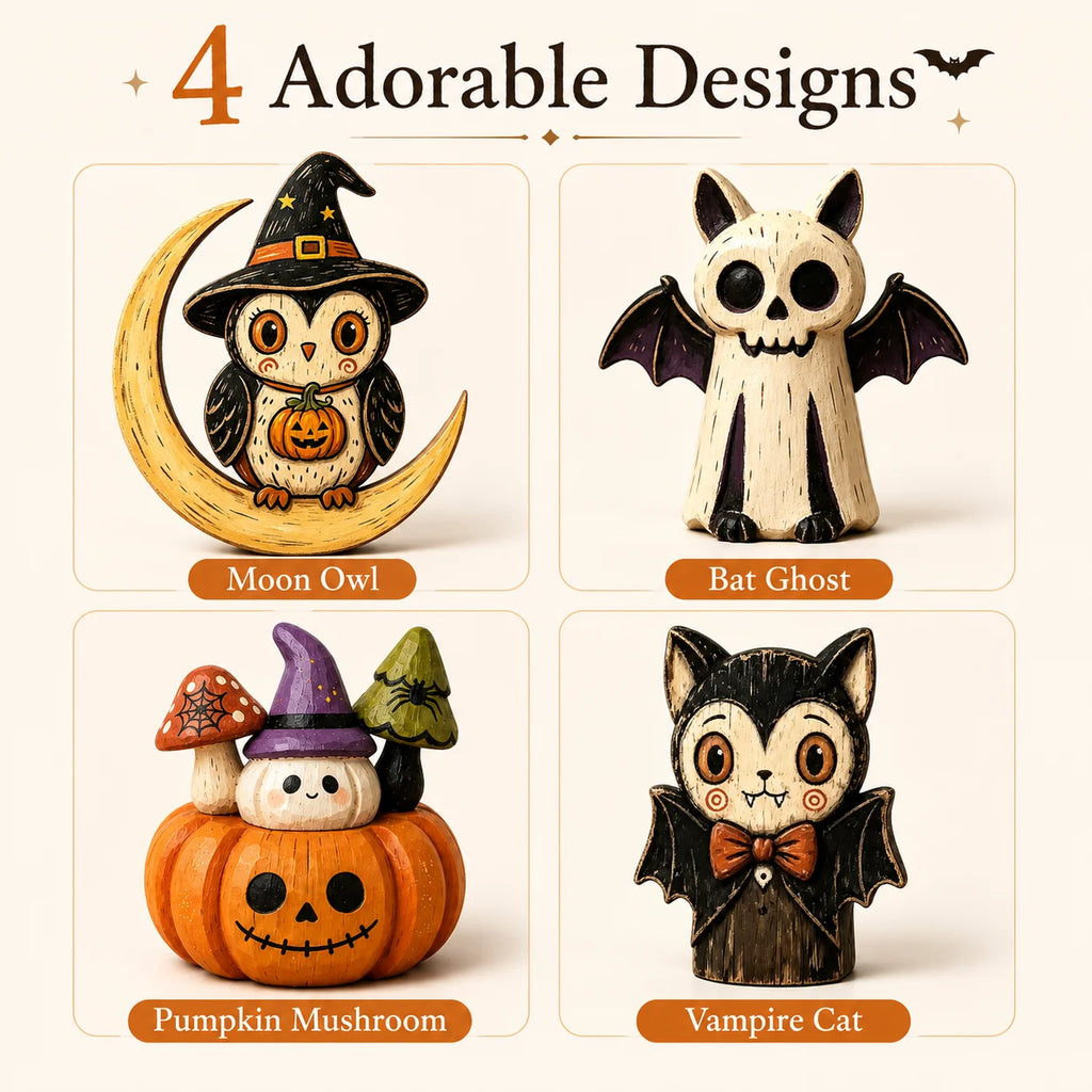 Décorations d'Halloween en bois à poser, figurines de hibou fantôme citrouille et chat vampire peintes à la main pour étagère, cheminée ou fête
