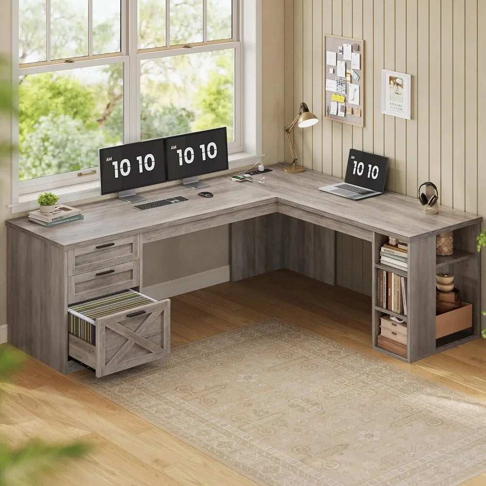 67" L-förmiger Schreibtisch im Landhausstil mit 3 Schubladen, Chefschreibtisch, Home Office Schreibtisch mit Ablagefächern, Eck-Computertisch, kundenspezifisch