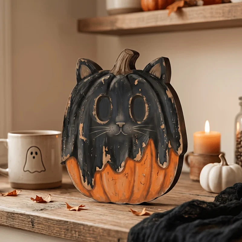 Halloween-Holzblöcke: Geister, schwarze Katzen, Kürbisse, Totenköpfe, Hexen, Eulen, Zombies, Vampire. Regaldekoration für den Herbst innen