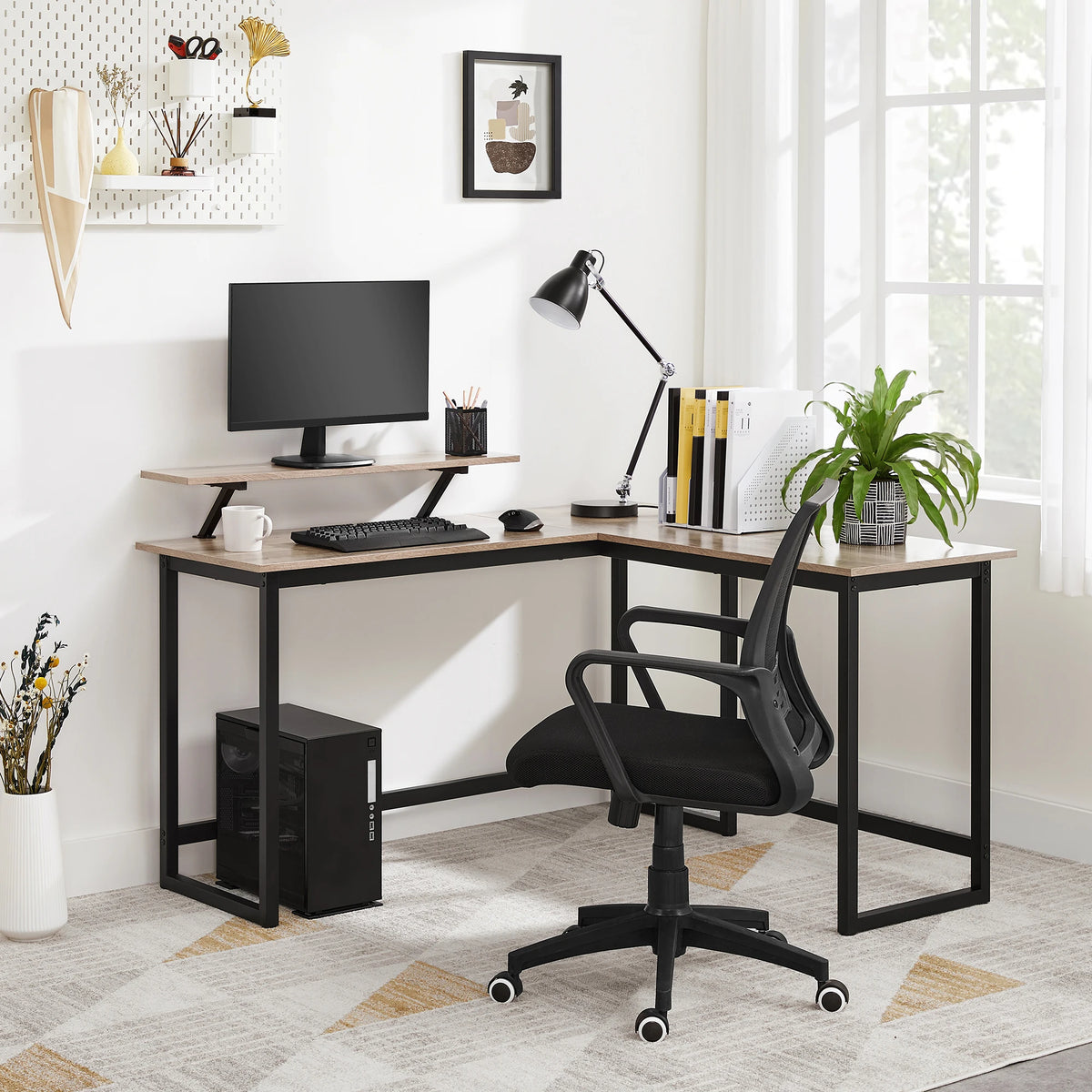 Computertisch, L-förmiger Arbeitstisch, Industrie-Ecktisch mit Monitorständer, für Home Office, 140 x 130 x 76/91,5 cm