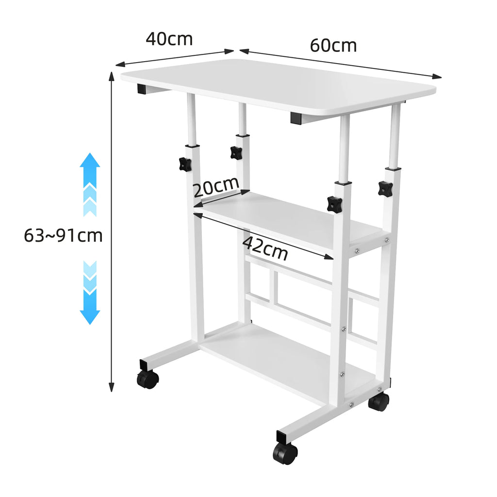 Beistelltisch, höhenverstellbarer Computertisch mit Rollen, 3 Ablagen, Stehpult für Schlafzimmer, Wohnzimmer, 60x40x90cm