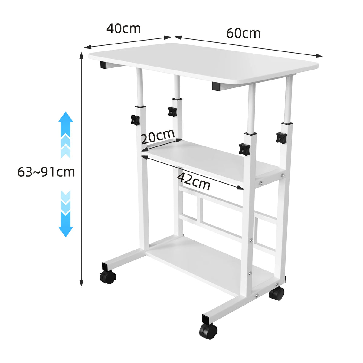 Beistelltisch, höhenverstellbarer Computertisch mit Rollen, 3 Ablagen, Stehpult für Schlafzimmer, Wohnzimmer, 60x40x90cm