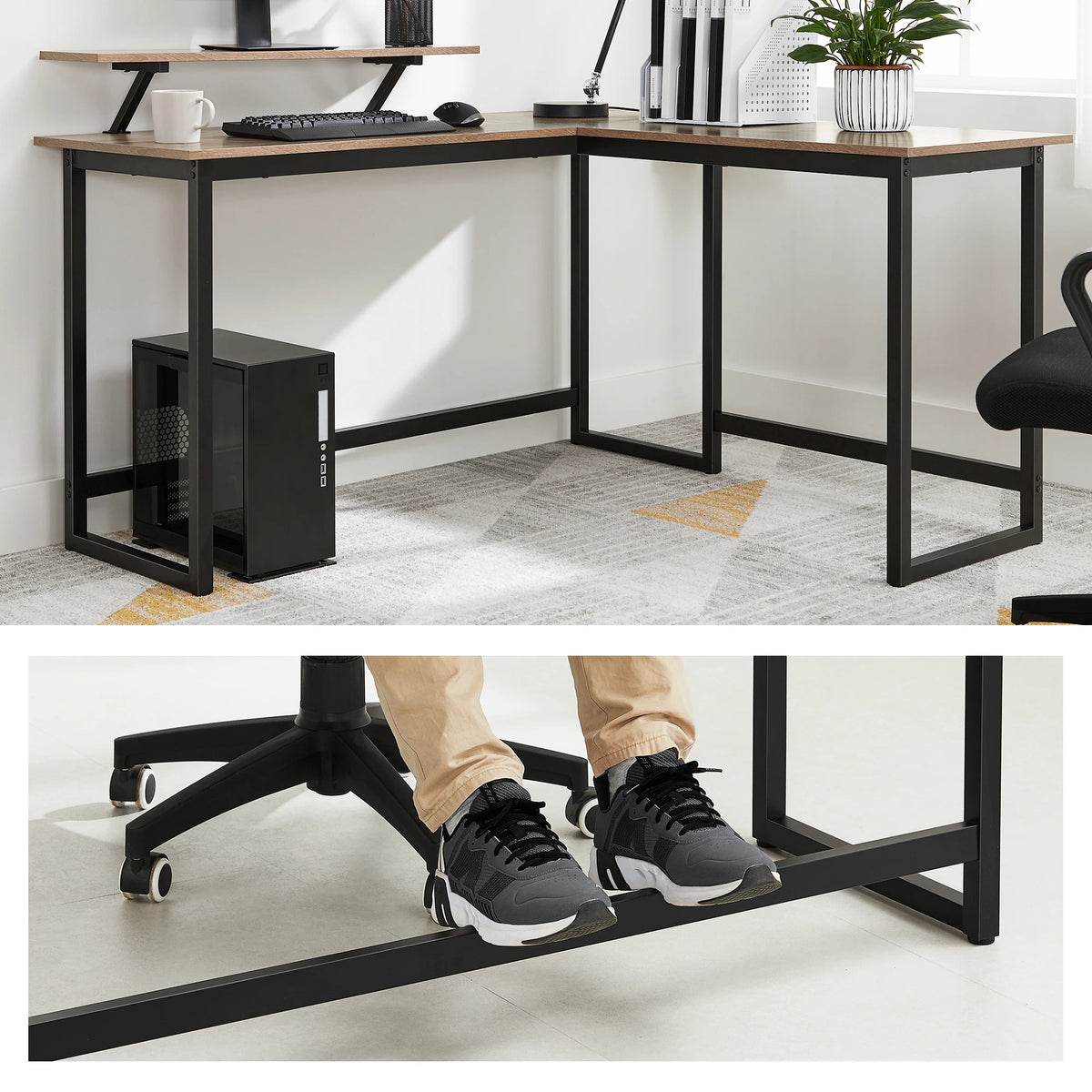 Computertisch, L-förmiger Arbeitstisch, Industrie-Ecktisch mit Monitorständer, für Home Office, 140 x 130 x 76/91,5 cm