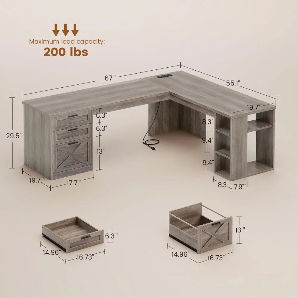 67" L-förmiger Schreibtisch im Landhausstil mit 3 Schubladen, Chefschreibtisch, Home Office Schreibtisch mit Ablagefächern, Eck-Computertisch, kundenspezifisch
