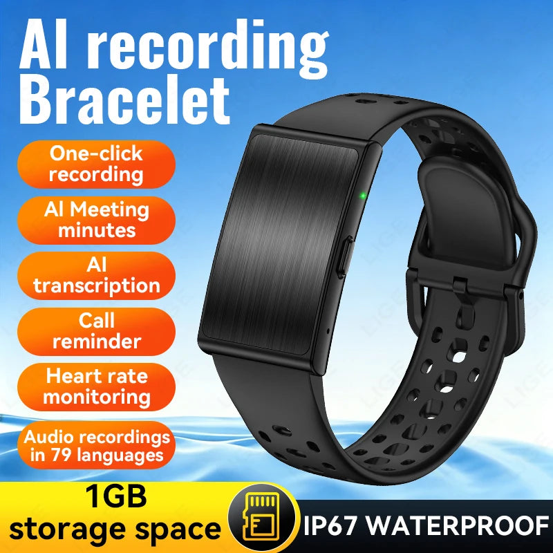 LIGE Audio Recorder Smart Bracelet 79 Languages AI Transcription 1GB Sports Fitness Band Health Monitor Watches Voice Recording