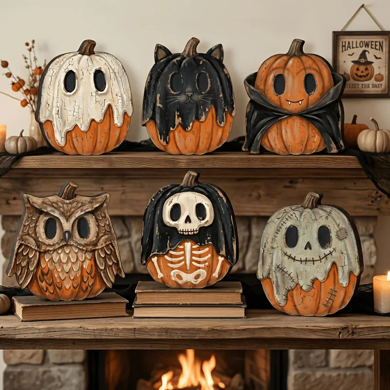 Halloween-Holzblöcke: Geister, schwarze Katzen, Kürbisse, Totenköpfe, Hexen, Eulen, Zombies, Vampire. Regaldekoration für den Herbst innen