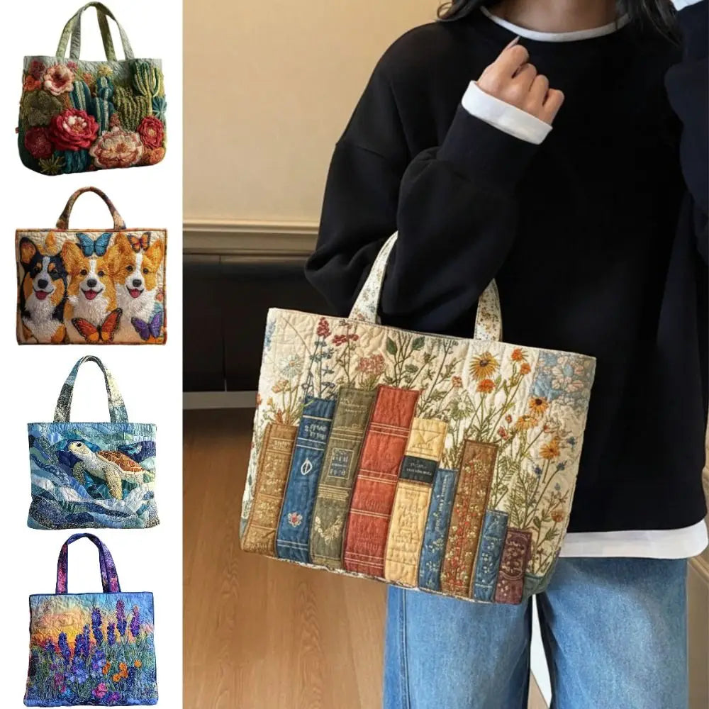 Vintage Quilted Tote Bag Women Lightweight Travel Bag Purse Cotton Shoulder Tote Bag For Shopping Grocery & Beach Bag