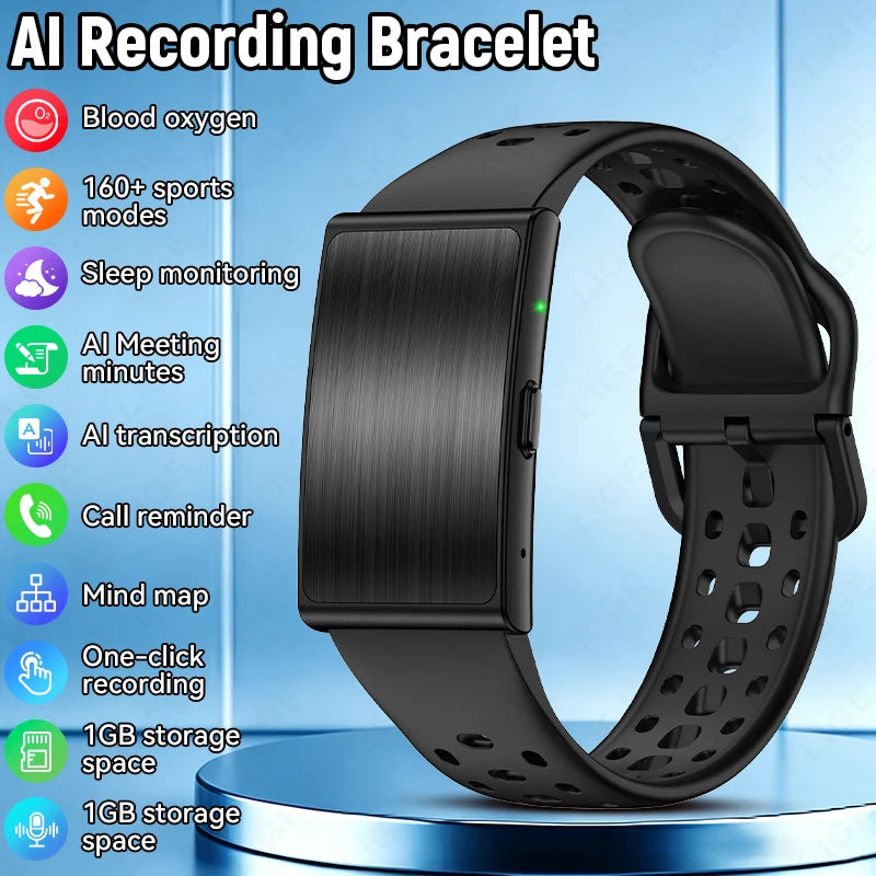 Black AI recording smartwatch bracelet with a rectangular brushed-metal style face and perforated strap, shown on a blue gradient background with feature icons and text listing blood oxygen, 160+ sports modes, sleep monitoring, AI meeting minutes, AI transcription, call reminder, mind map, and 1GB storage space.