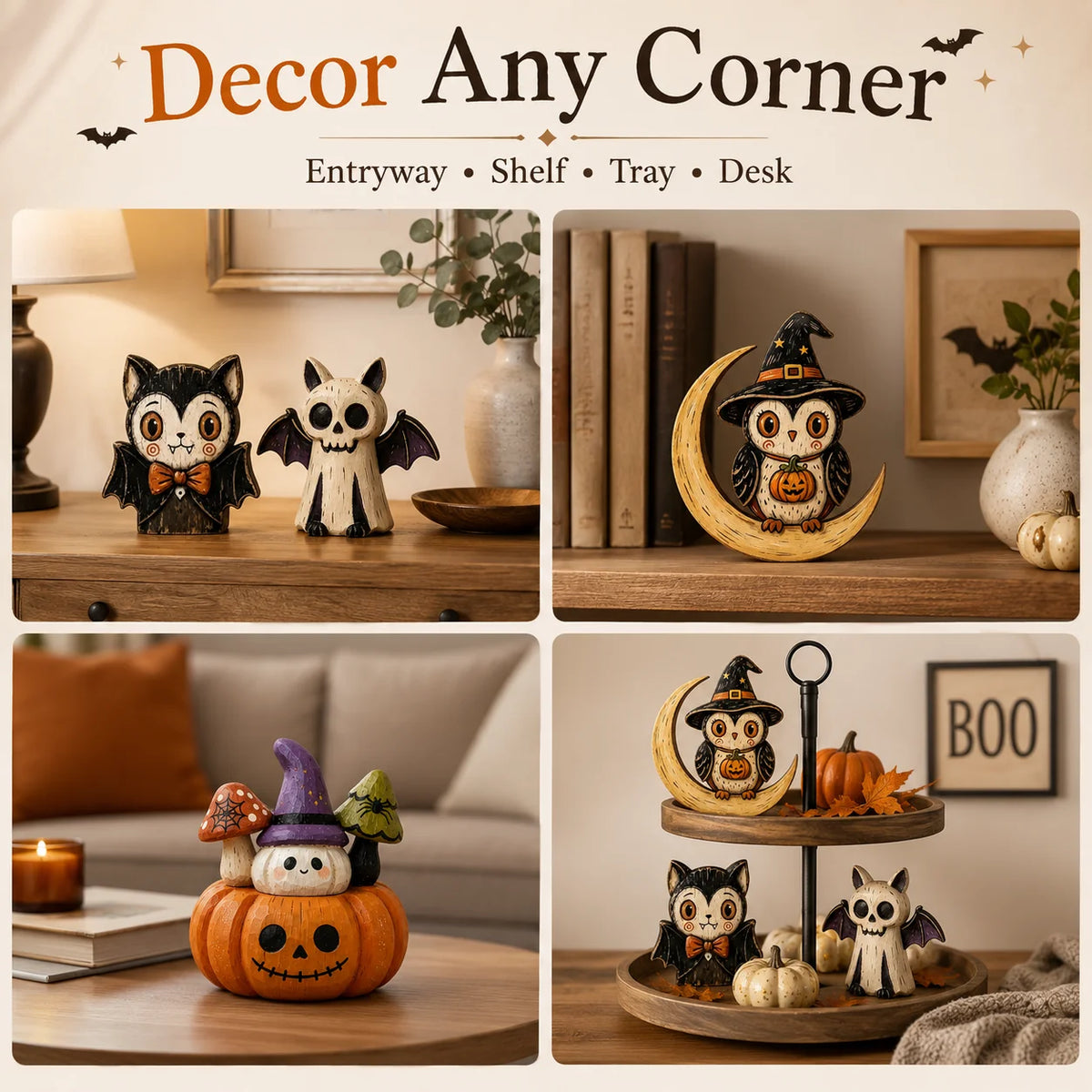 Décorations d'Halloween en bois à poser, figurines de hibou fantôme citrouille et chat vampire peintes à la main pour étagère, cheminée ou fête