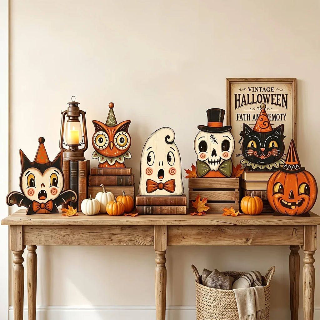 Décoration d'Halloween intérieure, bloc en bois rétro pour décoration d'étagère, mignon fantôme, citrouille, chat noir, squelette, hibou sorcière, cadeau de pendaison de crémaillère