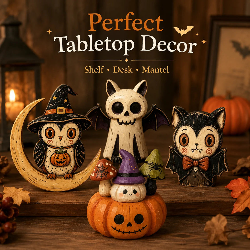 Décorations d'Halloween en bois à poser, figurines de hibou fantôme citrouille et chat vampire peintes à la main pour étagère, cheminée ou fête