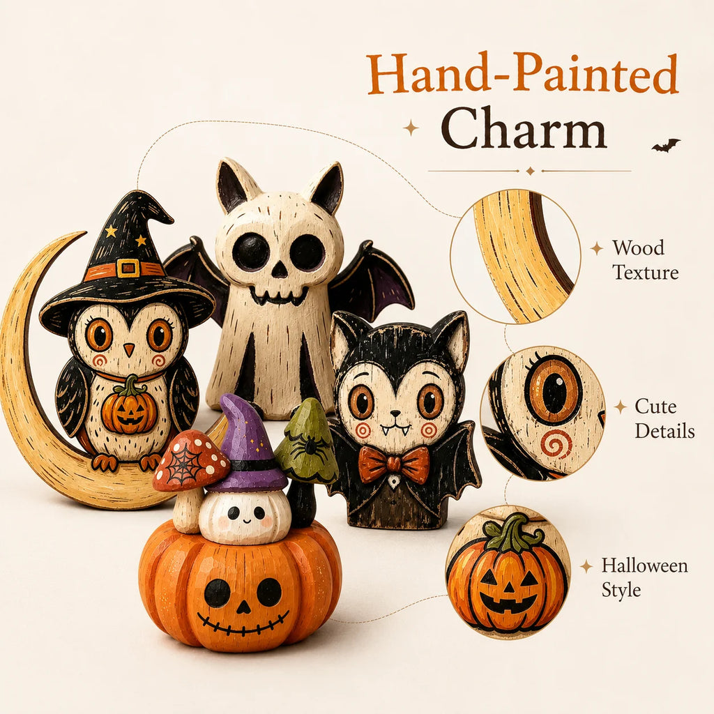 Décorations d'Halloween en bois à poser, figurines de hibou fantôme citrouille et chat vampire peintes à la main pour étagère, cheminée ou fête