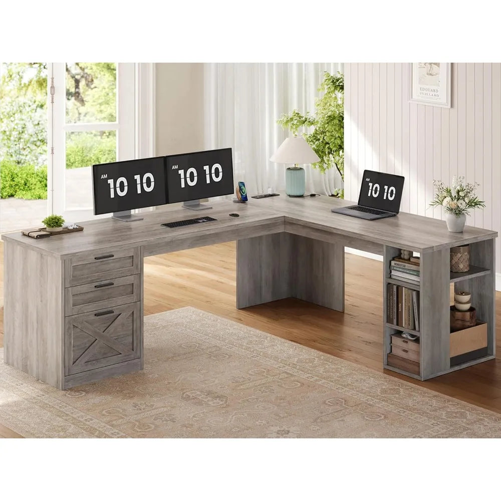 67" L-förmiger Schreibtisch im Landhausstil mit 3 Schubladen, Chefschreibtisch, Home Office Schreibtisch mit Ablagefächern, Eck-Computertisch, kundenspezifisch