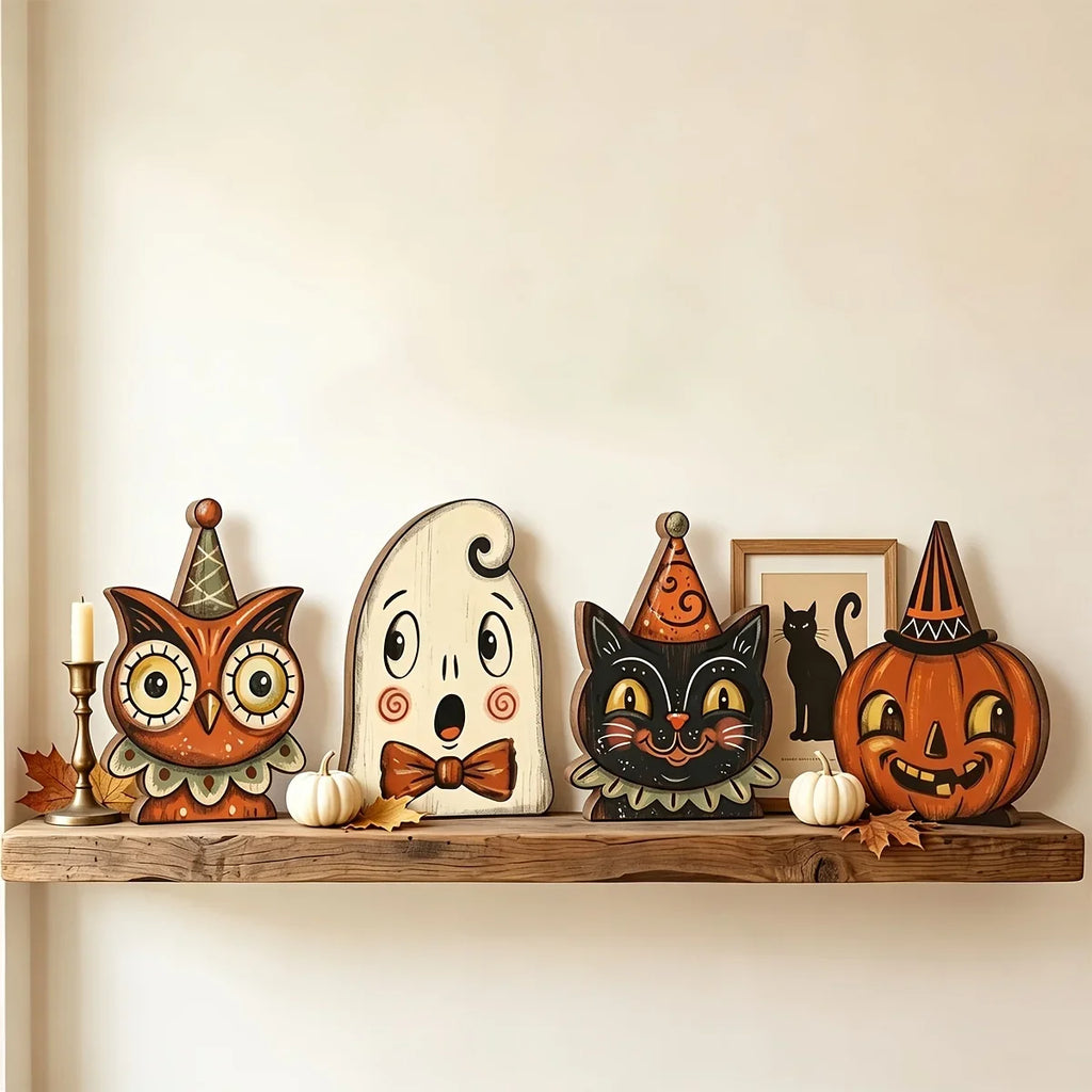 Décoration d'Halloween intérieure, bloc en bois rétro pour décoration d'étagère, mignon fantôme, citrouille, chat noir, squelette, hibou sorcière, cadeau de pendaison de crémaillère