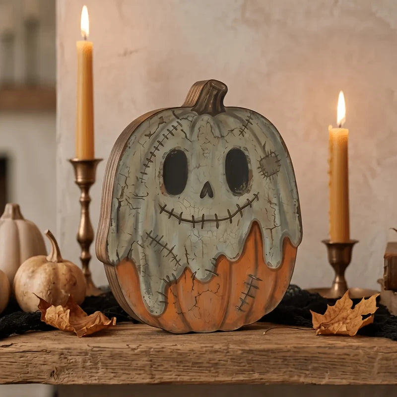 Halloween-Holzblöcke: Geister, schwarze Katzen, Kürbisse, Totenköpfe, Hexen, Eulen, Zombies, Vampire. Regaldekoration für den Herbst innen