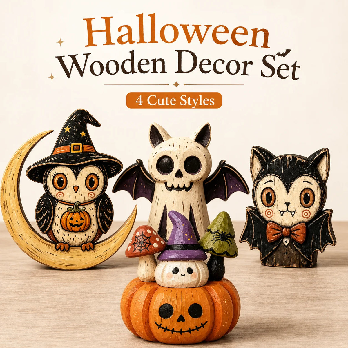Décorations d'Halloween en bois à poser, figurines de hibou fantôme citrouille et chat vampire peintes à la main pour étagère, cheminée ou fête