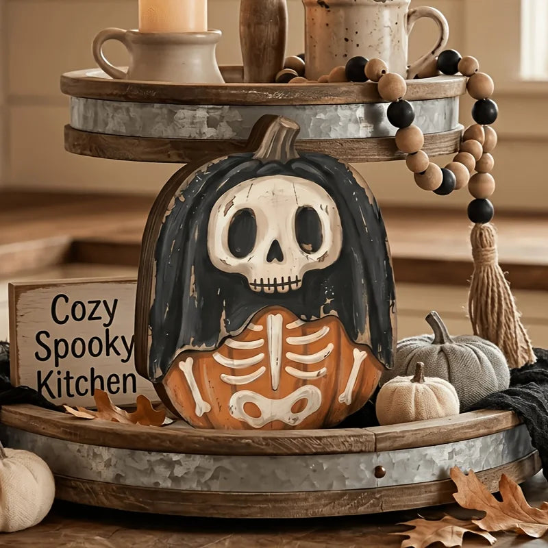 Halloween-Holzblöcke: Geister, schwarze Katzen, Kürbisse, Totenköpfe, Hexen, Eulen, Zombies, Vampire. Regaldekoration für den Herbst innen