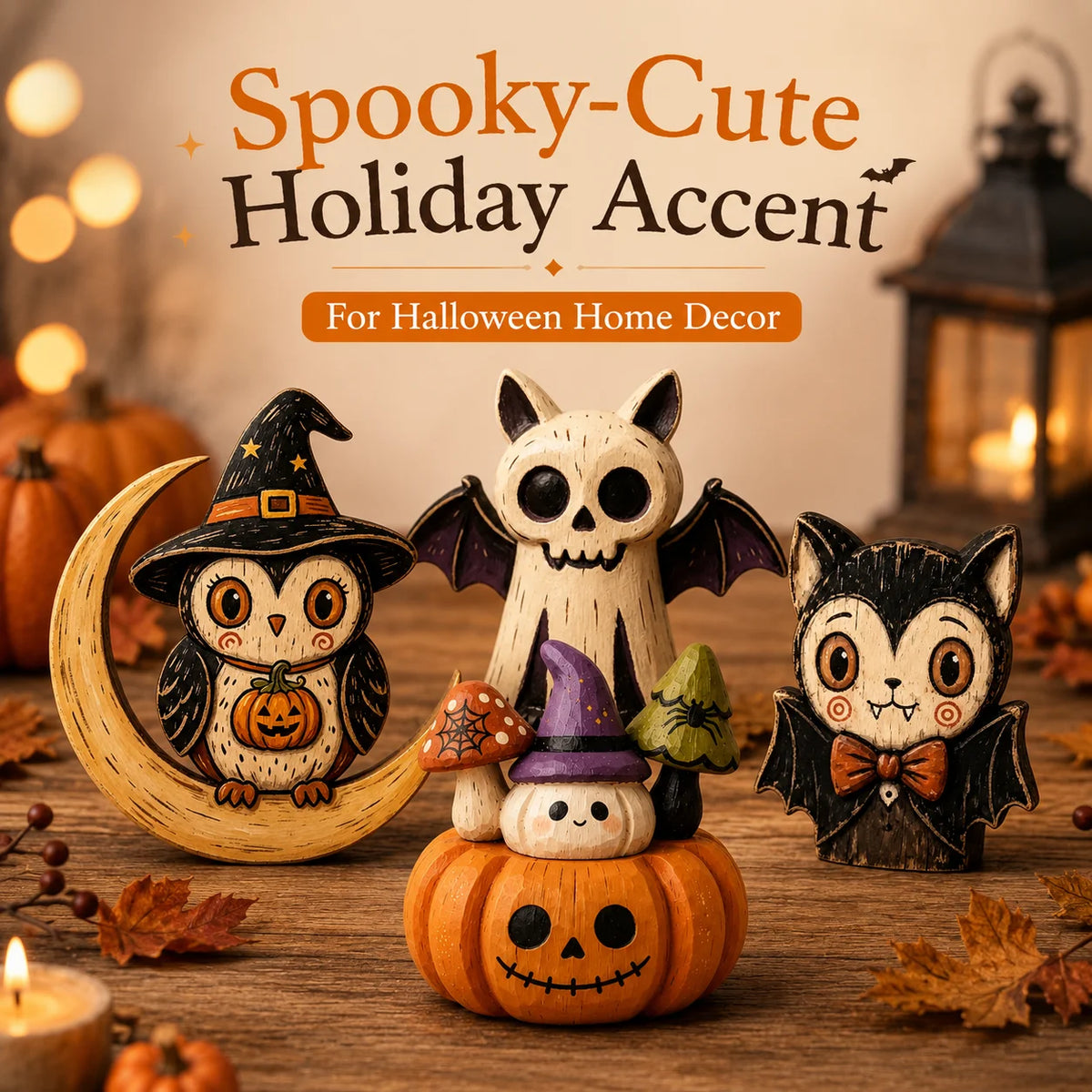 Décorations d'Halloween en bois à poser, figurines de hibou fantôme citrouille et chat vampire peintes à la main pour étagère, cheminée ou fête