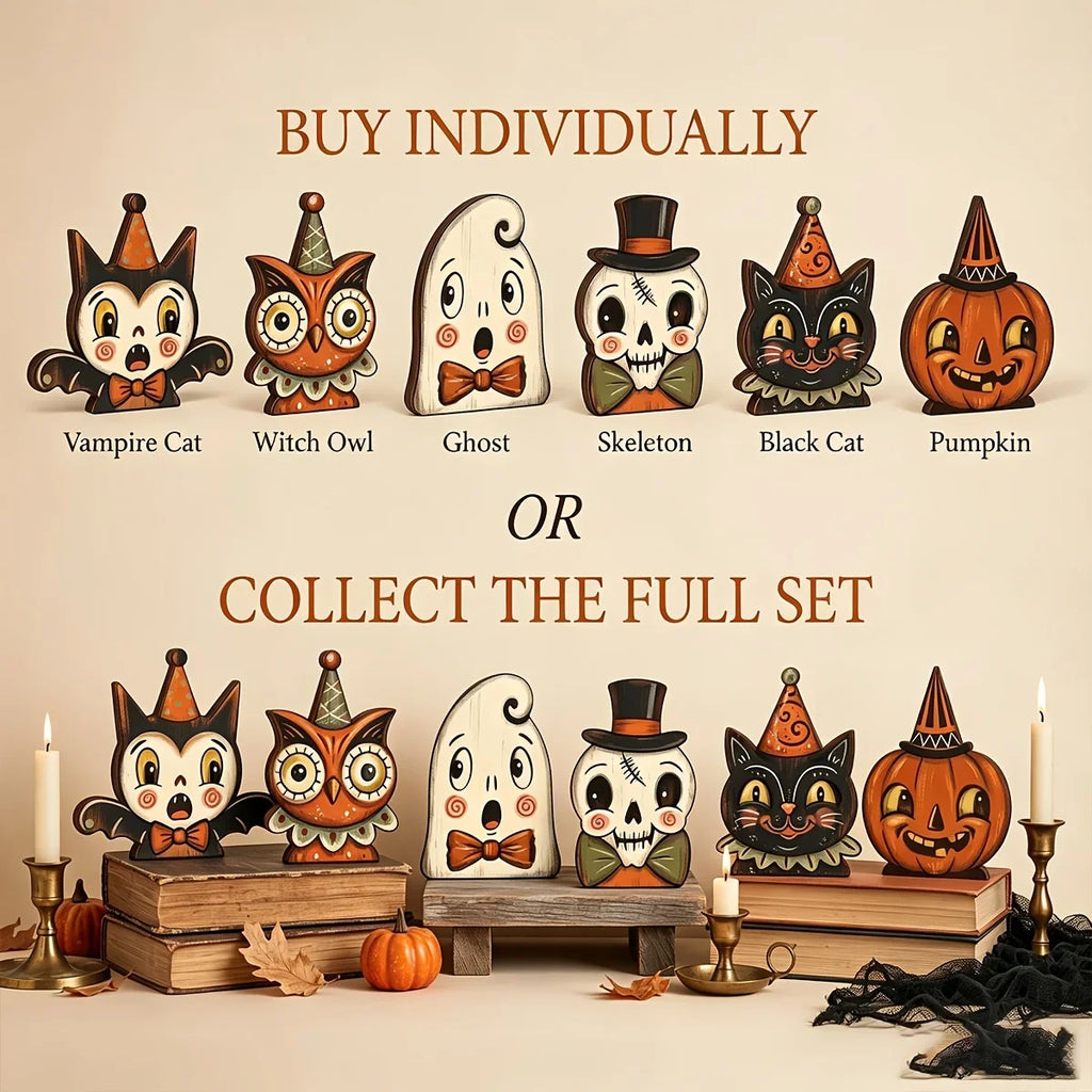 Décoration d'Halloween intérieure, bloc en bois rétro pour décoration d'étagère, mignon fantôme, citrouille, chat noir, squelette, hibou sorcière, cadeau de pendaison de crémaillère