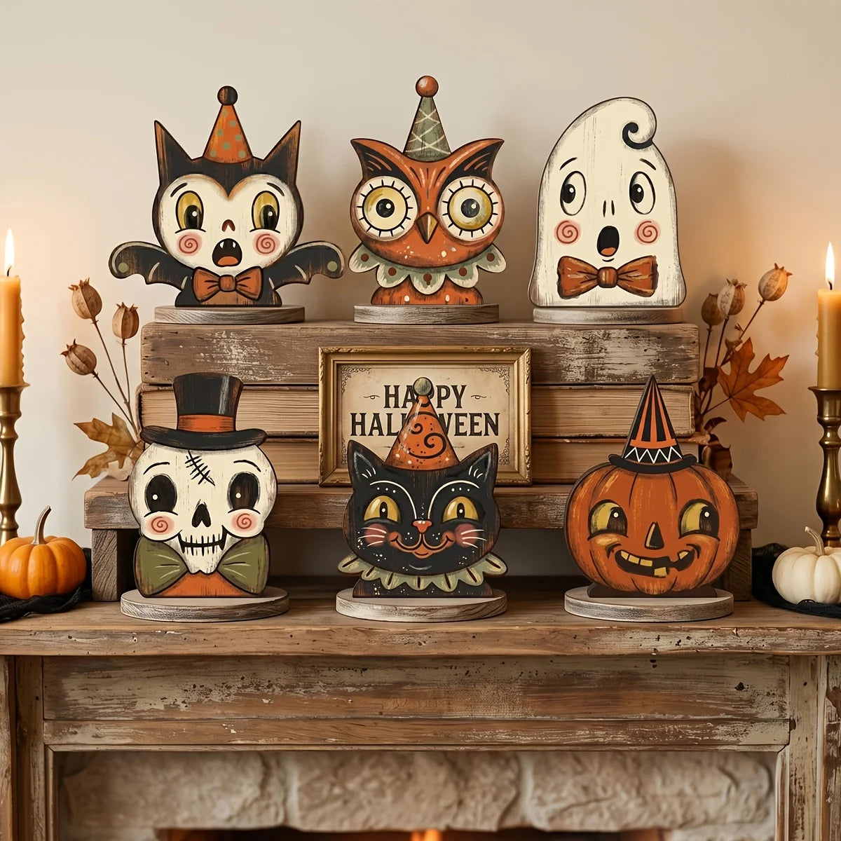 Décoration d'Halloween intérieure, bloc en bois rétro pour décoration d'étagère, mignon fantôme, citrouille, chat noir, squelette, hibou sorcière, cadeau de pendaison de crémaillère