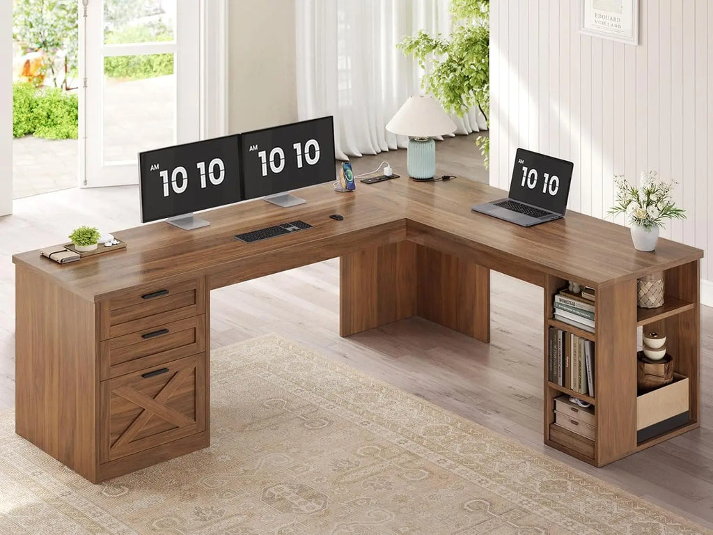 67" L-förmiger Schreibtisch im Landhausstil mit 3 Schubladen, Chefschreibtisch, Home Office Schreibtisch mit Ablagefächern, Eck-Computertisch, kundenspezifisch