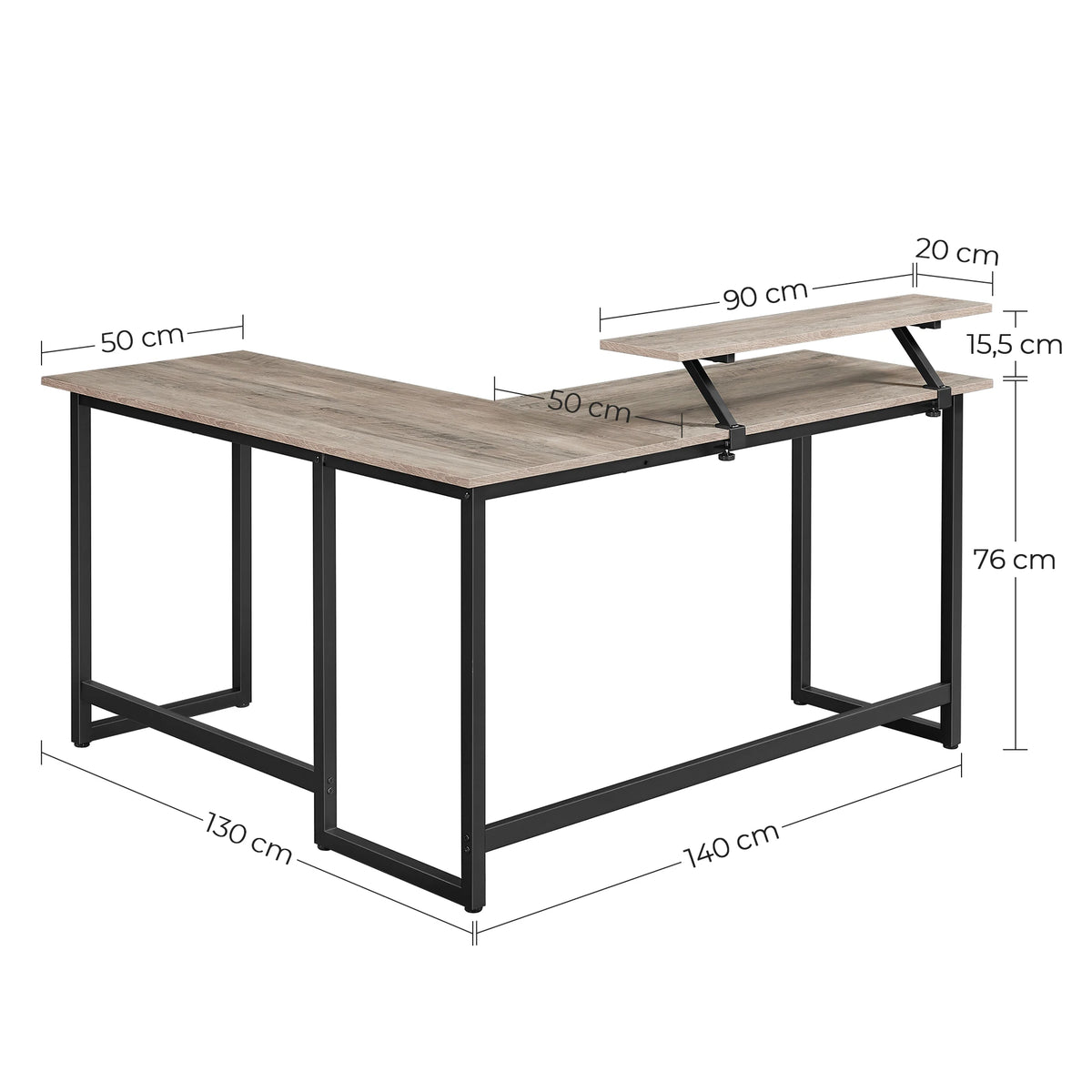 Computertisch, L-förmiger Arbeitstisch, Industrie-Ecktisch mit Monitorständer, für Home Office, 140 x 130 x 76/91,5 cm