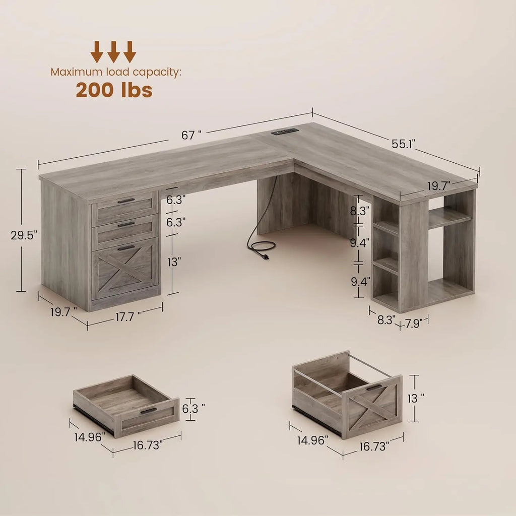 67" L-förmiger Schreibtisch im Landhausstil mit 3 Schubladen, Chefschreibtisch, Home Office Schreibtisch mit Ablagefächern, Eck-Computertisch, kundenspezifisch