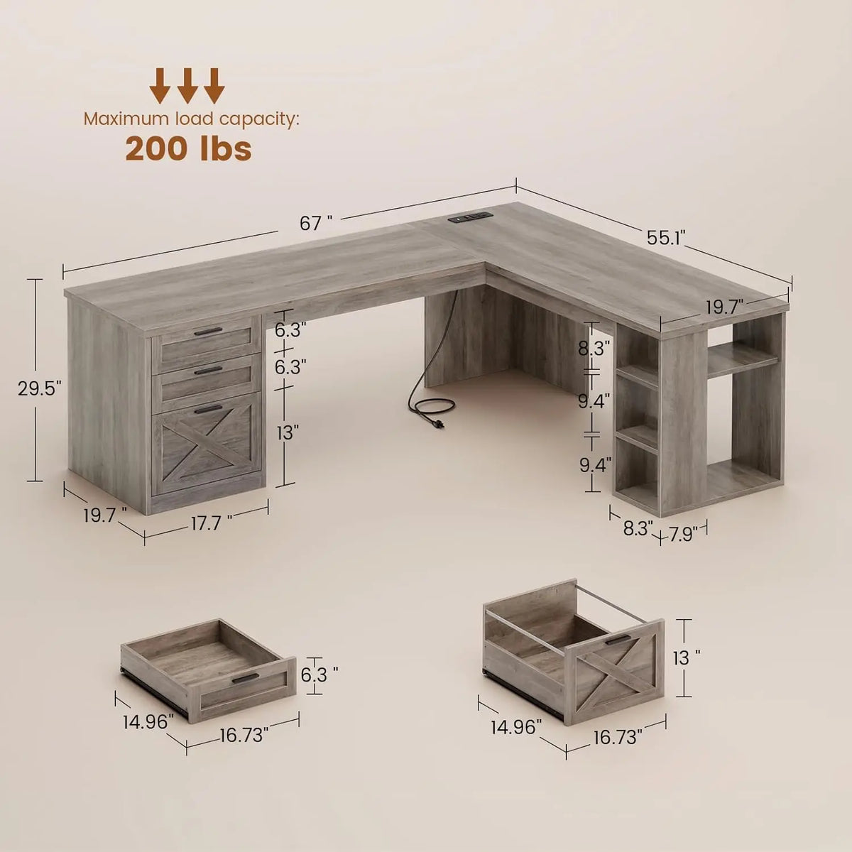 67" L-förmiger Schreibtisch im Landhausstil mit 3 Schubladen, Chefschreibtisch, Home Office Schreibtisch mit Ablagefächern, Eck-Computertisch, kundenspezifisch