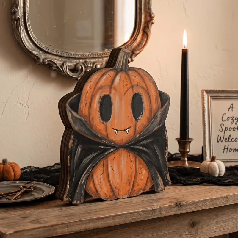Halloween-Holzblöcke: Geister, schwarze Katzen, Kürbisse, Totenköpfe, Hexen, Eulen, Zombies, Vampire. Regaldekoration für den Herbst innen