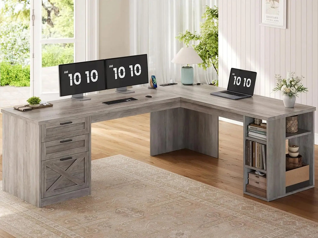 67" L-förmiger Schreibtisch im Landhausstil mit 3 Schubladen, Chefschreibtisch, Home Office Schreibtisch mit Ablagefächern, Eck-Computertisch, kundenspezifisch