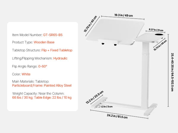 VEVOR Overbed Table Mobile Bed Side Table w/ Swivel Casters Height & Angle Adjustable Rolling Laptop Desk for Home Office Study